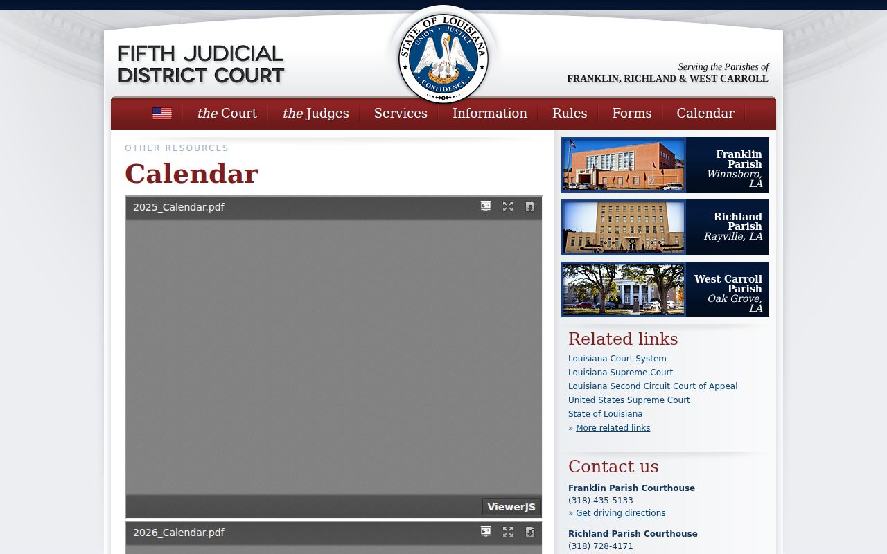 West Carroll Parish court schedule on the Fifth Judicial District calendar