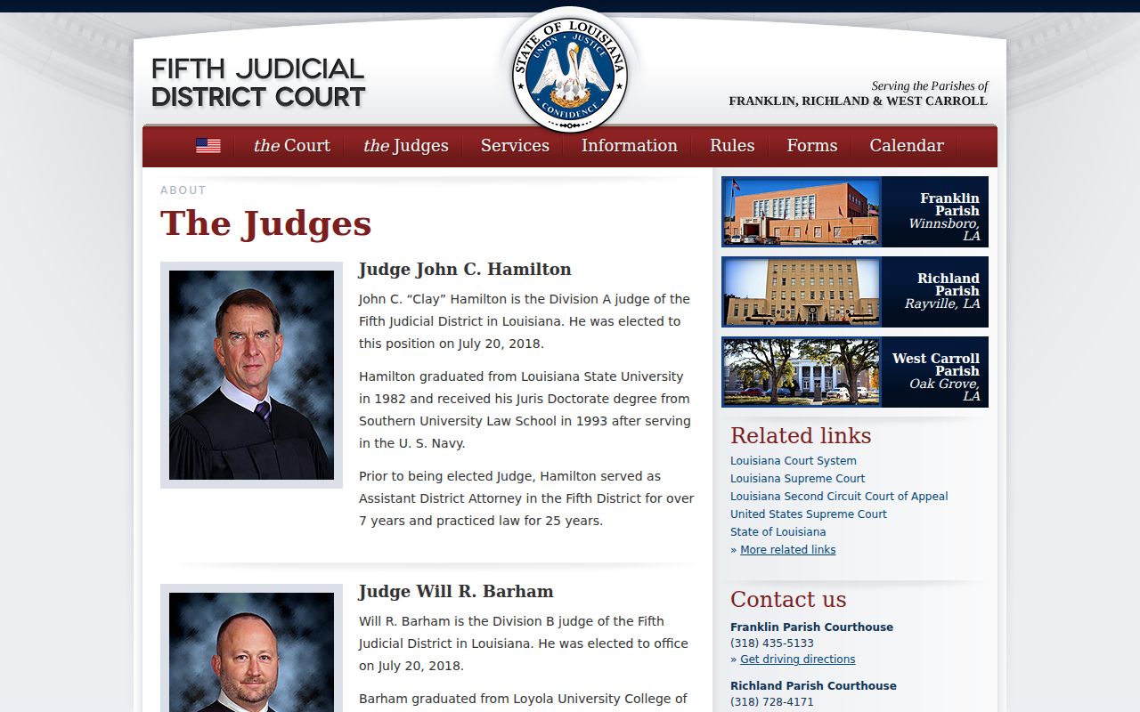 West Carroll Parish court schedule Fifth Judicial District judge information