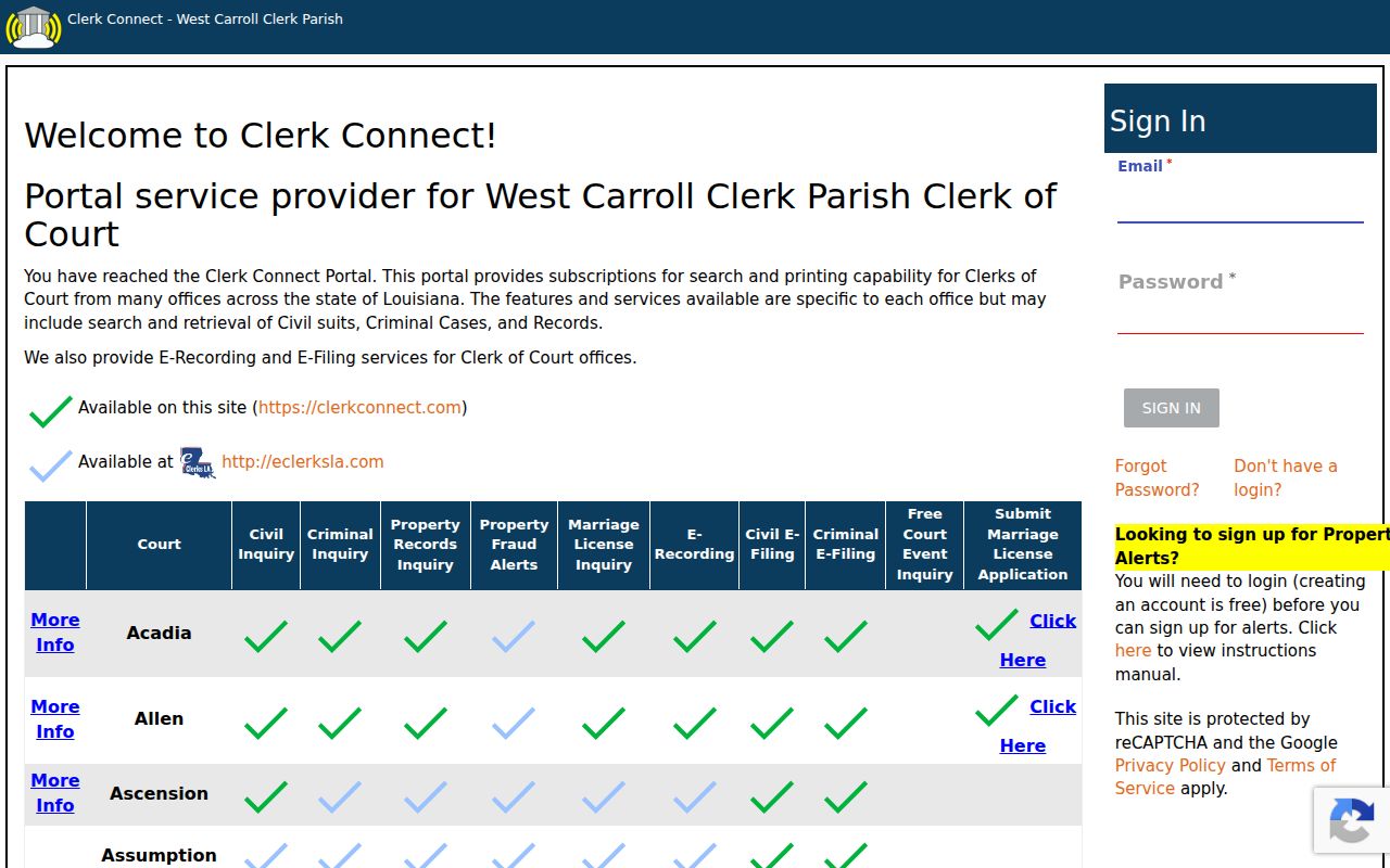 West Carroll Parish criminal docket Clerk Connect inquiry entry page