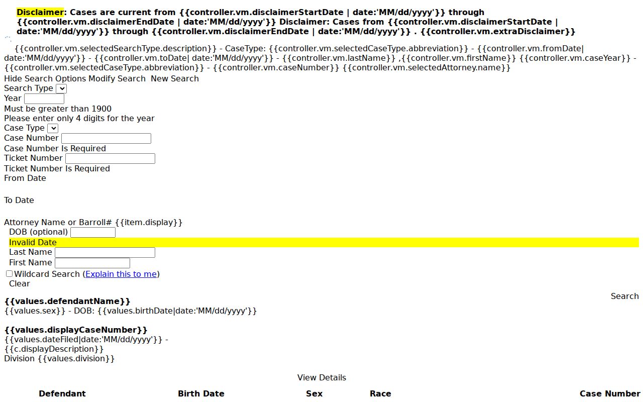 West Carroll Parish criminal docket search fields in Clerk Connect