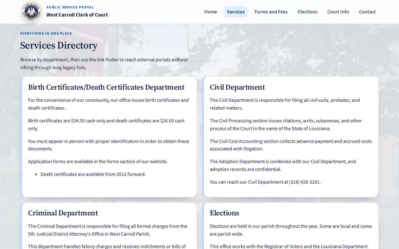 West Carroll Parish criminal docket clerk services information