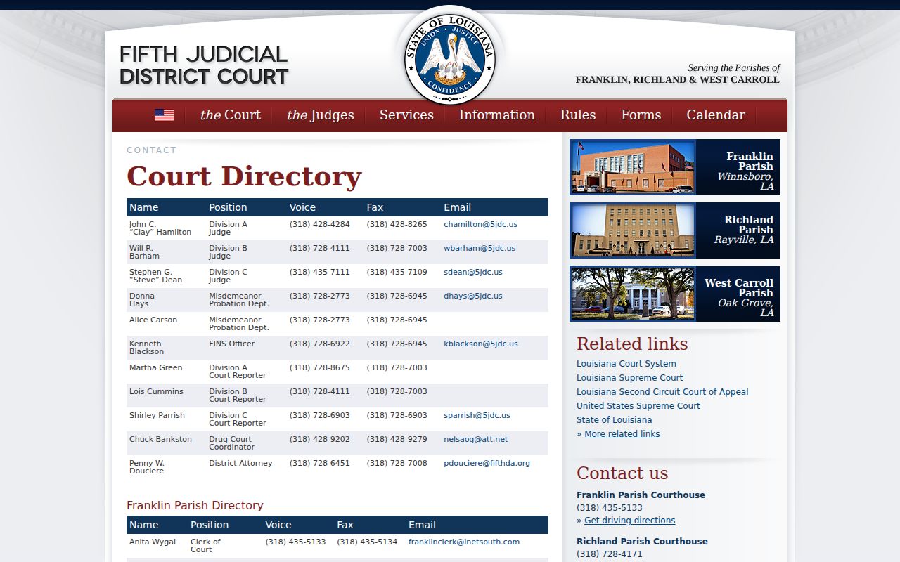West Carroll Parish court docket Fifth Judicial District Court directory