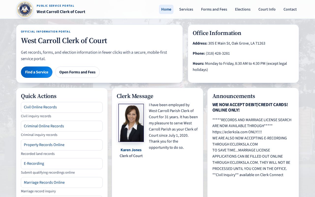 West Carroll Parish court docket clerk homepage